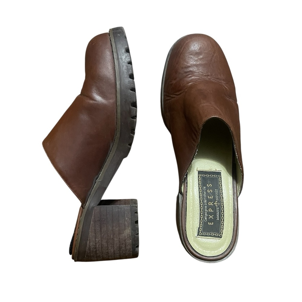 Express Brown Leather Mule Clogs